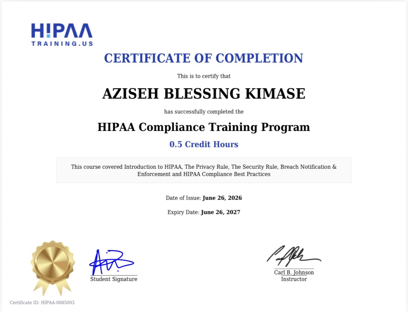 HIPAA Training Certificate