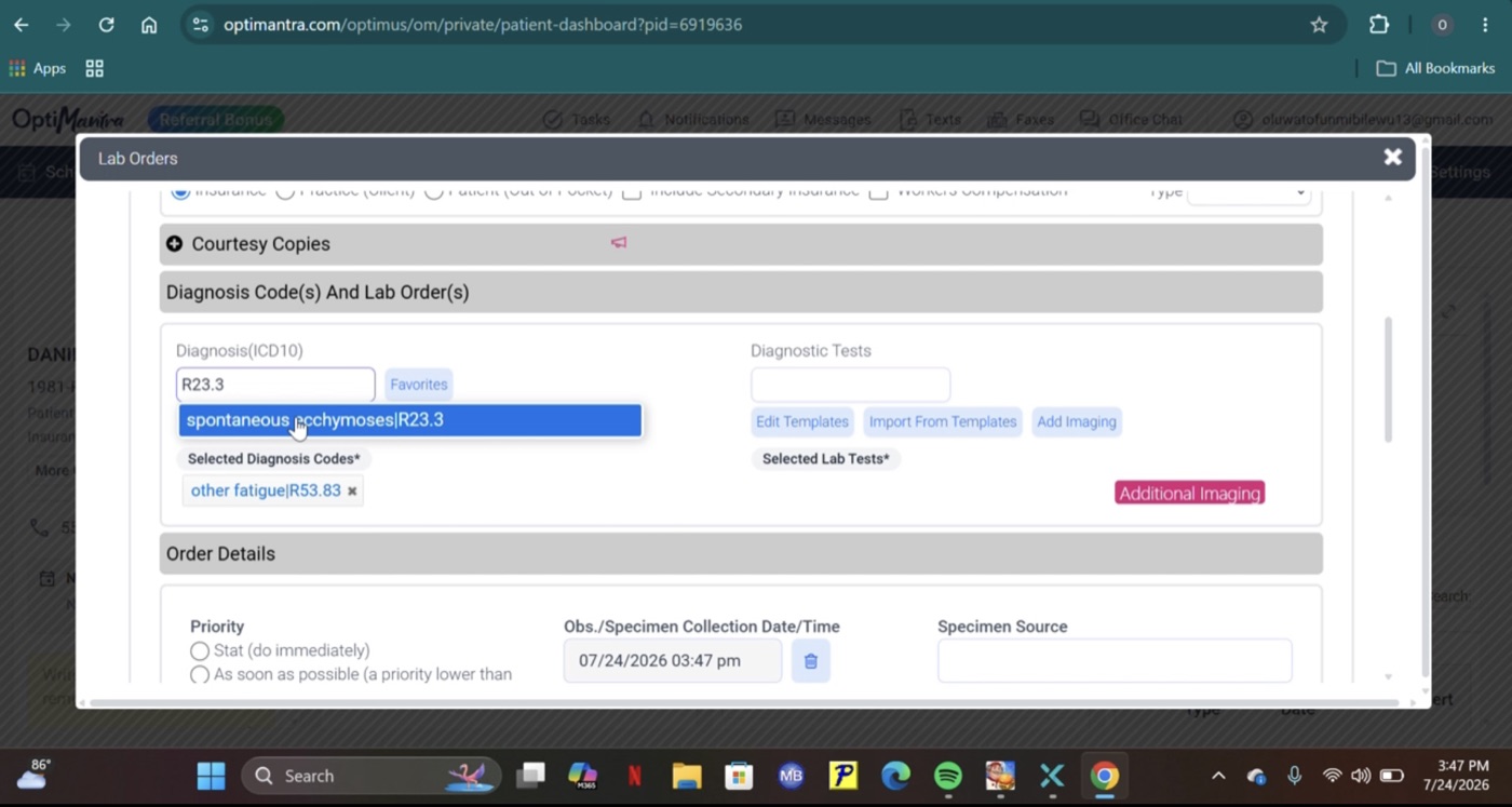 OptiMantra lab order entry showing ICD10 diagnosis coding, priority, and specimen details