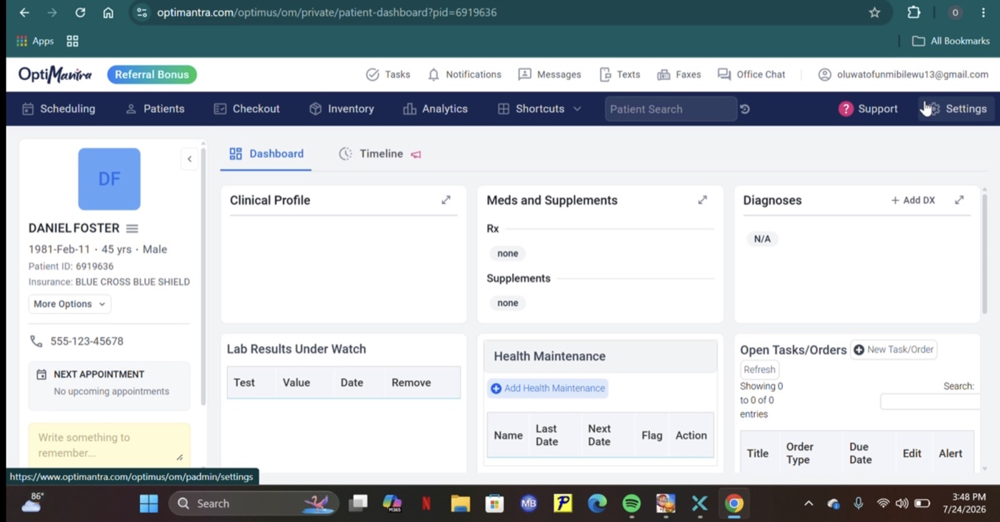 OptiMantra full patient dashboard showing clinical profile, medications, diagnoses, and open tasks