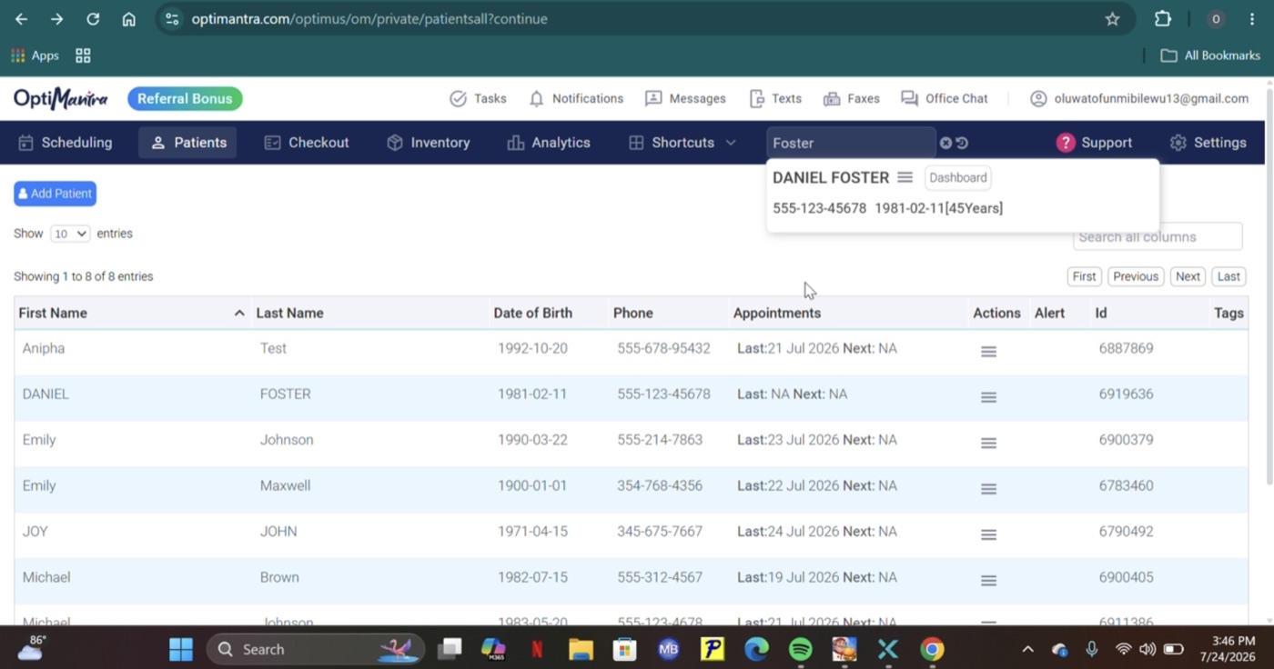 OptiMantra patient search and lookup screen used to pull up a patient record ahead of a visit